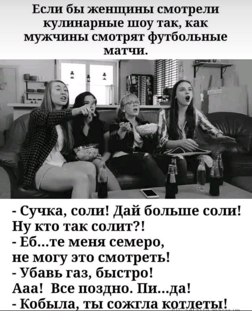 Если бы женщины смотрели кулинарные шоу так, как мужчины смотрят футбольные матчи.

- Сучка, соли! Дай больше соли! Ну кто так солит?!
- Еб...те меня семеро, не могу это смотреть! Убавь газ, быстро!
- Ааа! Все поздно. Пи...да! Кобыла, ты сожгла котлеты!