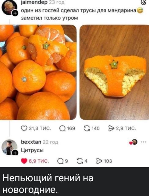 один из гостей сделал трусы для мандарина😂 заметил только утром
Цитрусы
Непьющий гений на новогодние.