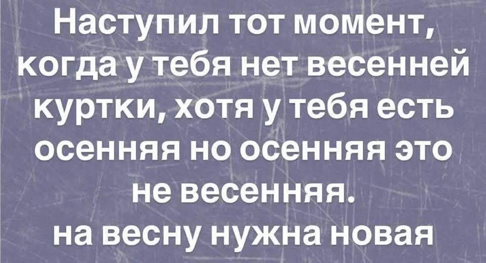 Наступил тот момент, когда у тебя нет весенней куртки, хотя у тебя есть осенняя но осенняя это не весенняя. на весну нужна новая