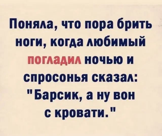 Поняла что пора брить ноги когда любимый погладил ночью и спросонья сказал Барсик а ну вон с кровати