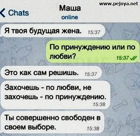 реіпуаме1 Маша опііпе спаіз Я твоя будущая жена По принуждению или по любви 1537 Это как сам решишь Захочешь по любви не захочешь ПО принуждению Ш Ш Ты совершенно свободен в своем выборе 15 зв
