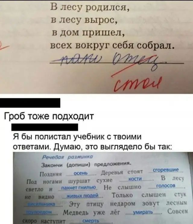 В лесу родился в лесу вырос в дом пришел всех вокруг себя собрал 1 Гроб тоже подходит _ Я бы полистал учебник с твоими ответами Думаю это выглядело бы так 0 шыш ноШрешт дт __щ_1ск и ишо __ШФ Таши спвшеи стук до лески Соки