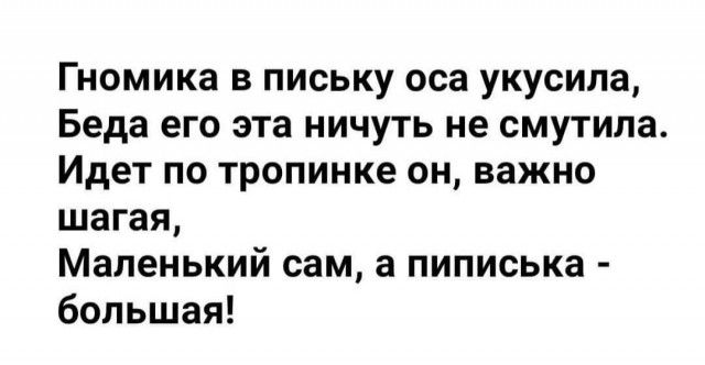 Гномика в письку оса укусила Беда его эта ничуть не смутила Идет по тропинке он важно шагая Маленький сам а пиписька большая