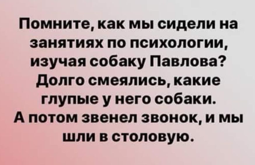 Помните как мы сидели на занятиях по психологии изучая собаку Павлова долго смеялись какие глупые у него собаки А потом звенел звонок и мы шли в столовую