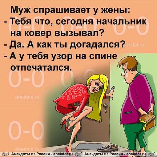 Муж спрашивает у жены Тебя что сегодня начальник на ковер вызывал Да А как ты догадался А у тебя узор на спине отпечатапся