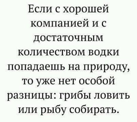 Если с хорошей компанией и с достаточным количеством водки попадаешь на природу то уже нет особой разницы грибы ловить или рыбу собирать