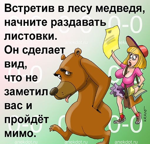Встретив в лесу медведя начните раздавать листовки Он сделает ВИД что не заметил вас и пройдёт мимо