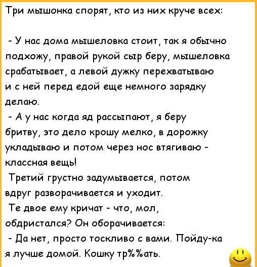 Три мышонка спорят кто из них круче всех У нас дома мышеловки стоит так я обычна подхожу правой рукай сыр беру мышеловки срабатывает а левой думку перехватываю и с ней перед едой еше немного зарядку делаю А у нас когда яд рассыпают я беру Бритву это дело кращу мелко в дорожку укладываю и потом через нос втягиваю классиш вещь Третий грустно задумывается потом вдруг разворачивается и уходит Те двое 