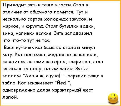 Приходит зять к теще гости Стол и отличие от обычного ломится Тут и несколько сортов холодных закусок и жаркое и Фрукты Стоят бутылки водки вина наливки низкие Зять пподозрищ что что то тут не так в кучочек колбасы со стола и кинул коту Кот понюхал медленно начал есть схватился папами за горло захри псл стал кататься по полу потом затих Зять воплем Ах ты к сцуко орядил теще в табло Кот вскакивает 