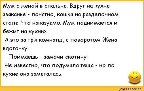 Муж женой спальне Вдруг на кухне з якпнье понятно кошка на разделочном стом Что ншшэудма Муж поднимаешь и бежит на кухню А это за три комнаты с поворотом Жена впагонку Паймпшь замачи скотииу Н изнано что пидумапц теща но по кухне ина заметить