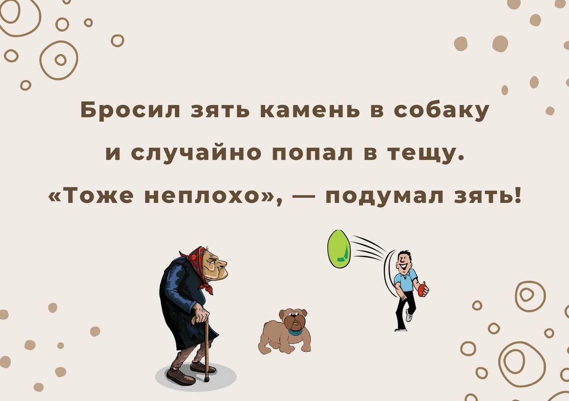 9 он о с о о Бросил зять камень в собаку и случайно попал в тещу Тоже неплохо подумал зять ё в 019 _ ос