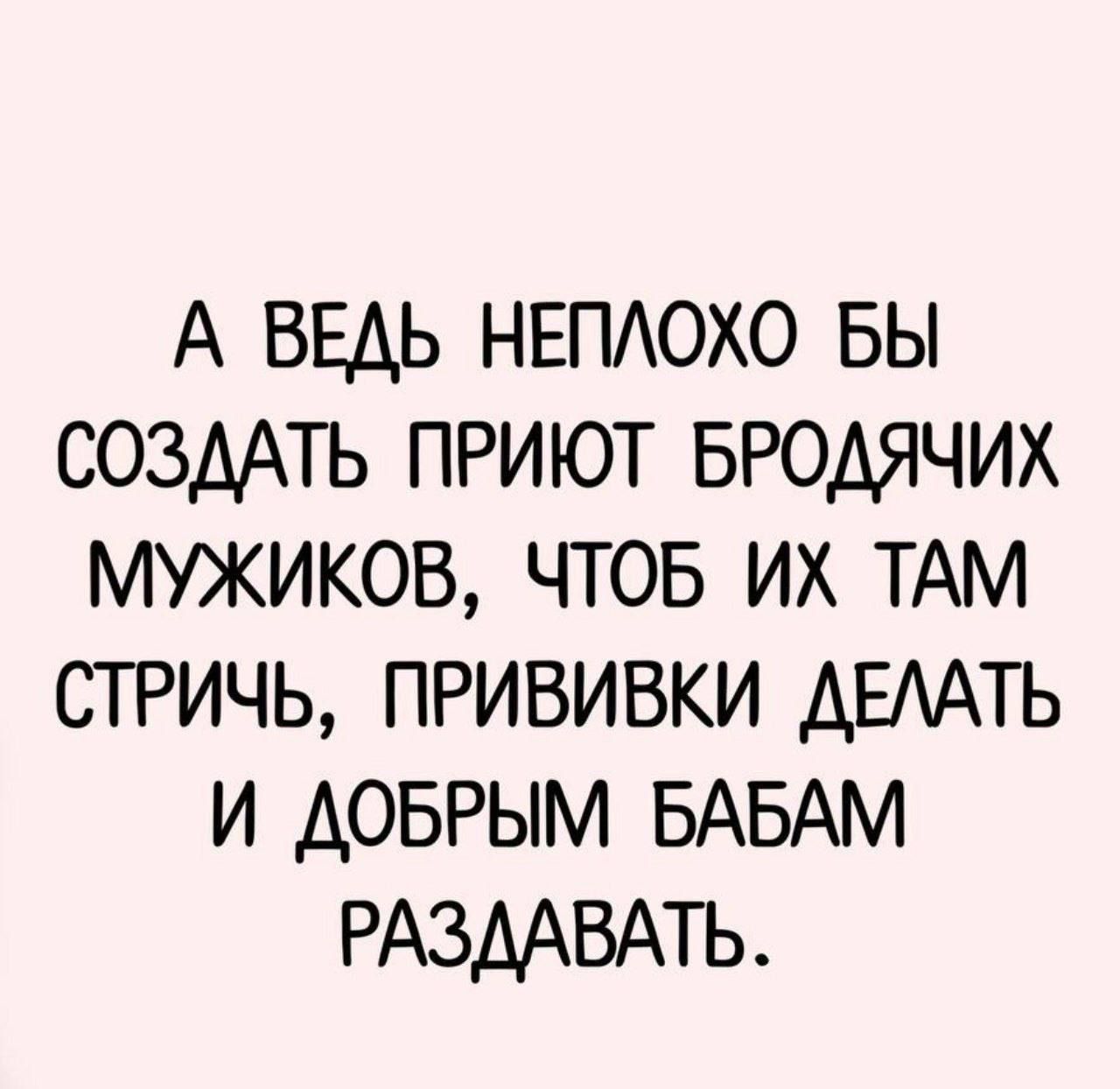 А ведь неплохо бы создать приют бродячих мужиков, чтоб их там стричь, прививки делать и добрым бабам раздавать.