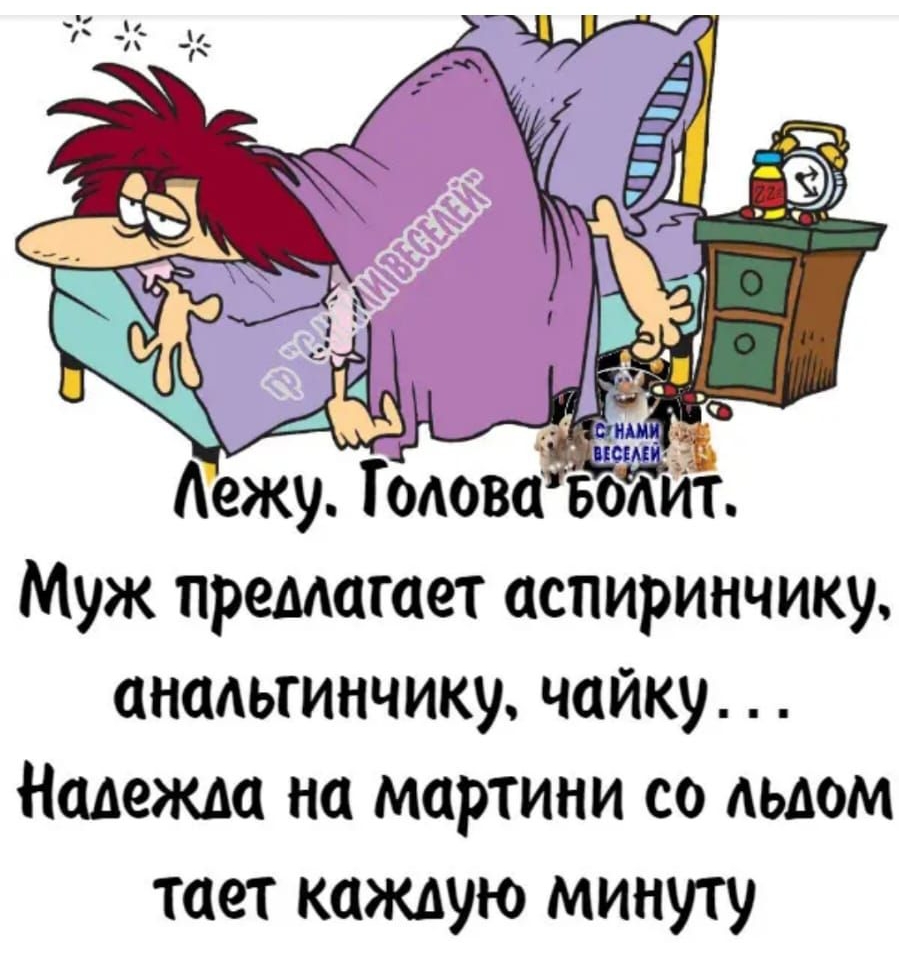 Аежу Тодова водит Муж предлагает аспиринчику анальгинчику чайку Надежда на мартини со льдом тает каждую минуту