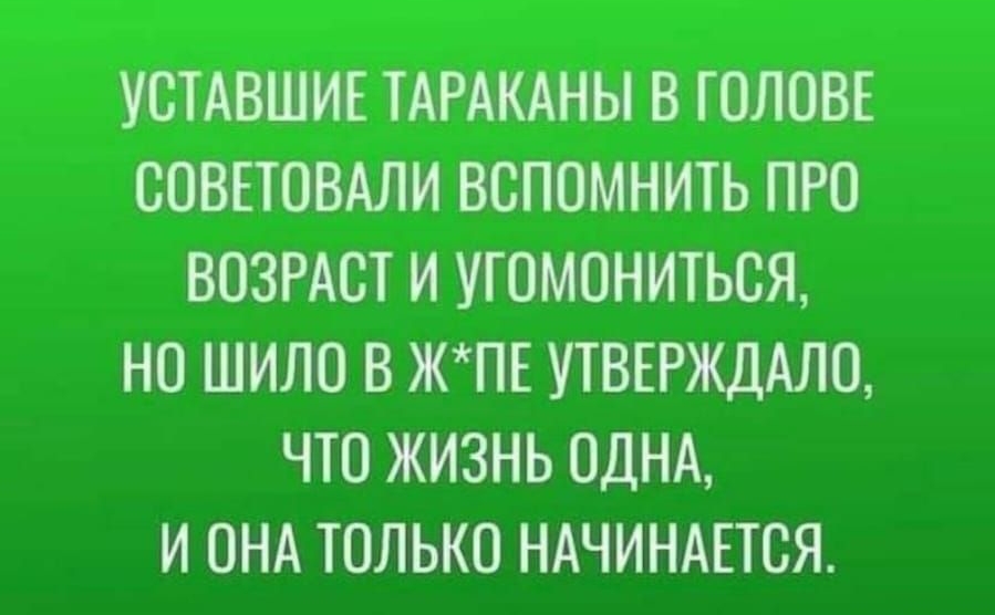 УОТАВШИЕ ТАРАКАНЫ В ГОЛОВЕ СОВЕТОВАЛИ ВСПОМНИТЬ ПРО ВОЗРАСТ И УТОМОНИТЬСЯ НО ШИЛО В ЖПЕ УТВЕРЖДАЛО ЧТО ЖИЗНЬ ОДНА И ОНА ТОЛЬКО НАЧИНАЕТСЯ