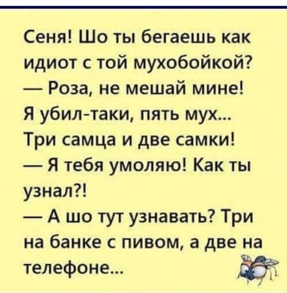 Сеня Шо ты бегаешь как идиот с той мухобойкой Роза не мешай мине Я убил таки пять мух Три самца и две самки Я тебя умоляю Как ты узнал А шо тут узнавать Три на банке с пивом а две на телефоне
