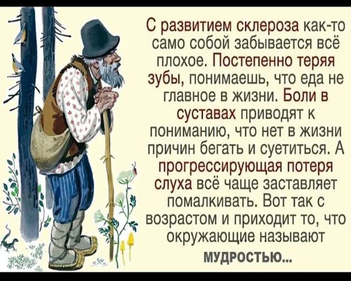 С развитием склероза както само собой забывается всё плохое Постепенно теряя зубы понимаешь что еда не главное в жизни Боли в суставах приводят к пониманию что нет в жизни причин бегать и суетиться А прогрессирующая потеря слуха всё чаще заставляет помалкивать Вот так с возрастом и приходит то что окружающие называют МУДРОСТЬЮ