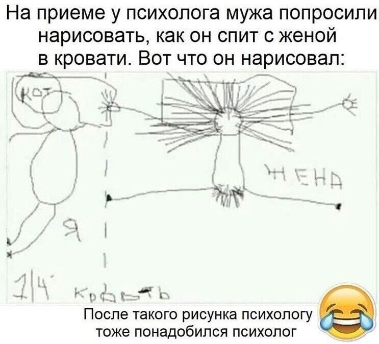 На приеме у психолога мужа попросили нарисовать, как он спит с женой в кровати. Вот что он нарисовал:  5 коеин  после такого рисунка психологу тоже понадобился психолог