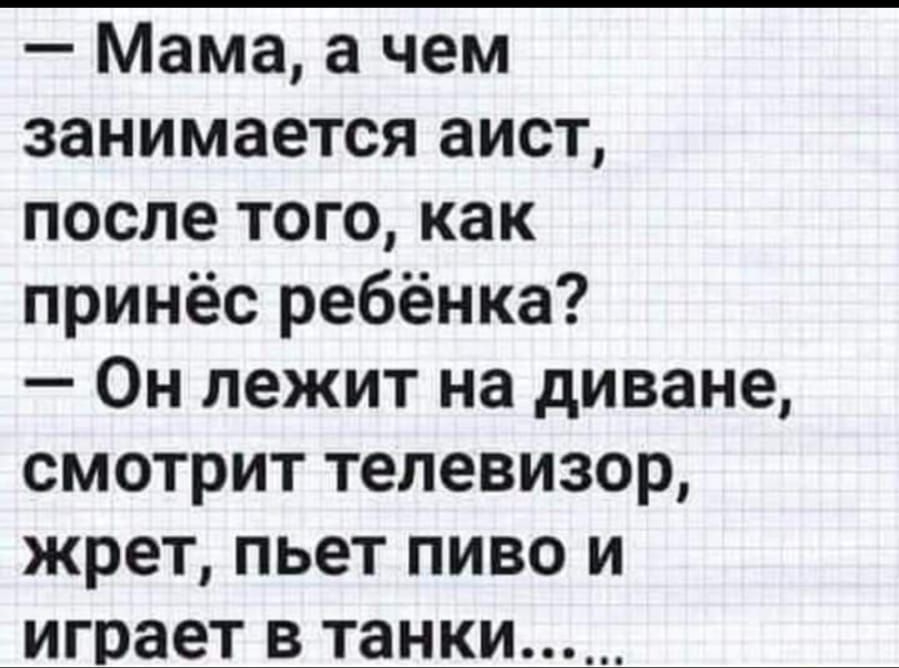 Мама а чем занимается аист после того как принёс ребёнка Он лежит на диване смотрит телевизор жрет пьет пиво и играет в танки