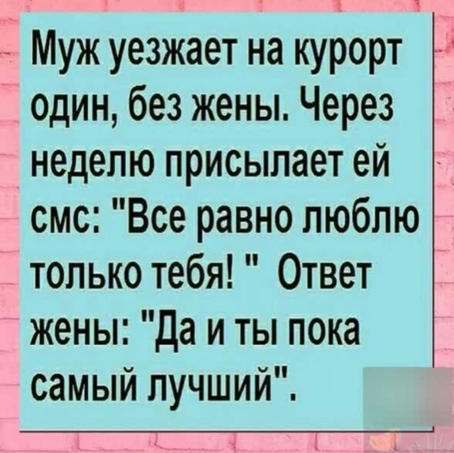 Муж уезЖает на курорт _0дин без жены Через неделю присылает ей только тебя Ответ жены Да и ты пока самый лучший
