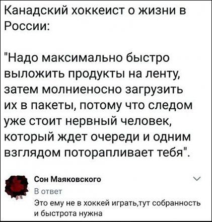 Канадский хоккеист о жизни в России Надо максимально быстро ВЫПОЖИТЬ ПРОДУКТЫ на ленту затем молниеносно загрузить их в пакеты потому что следом уже СТОИТ нервный человек который ждет очереди и одним взглядом потораппивает тебяі сои Маяковского В ответ Это ему не в хоккей игратьут собранность и быстрота нужна