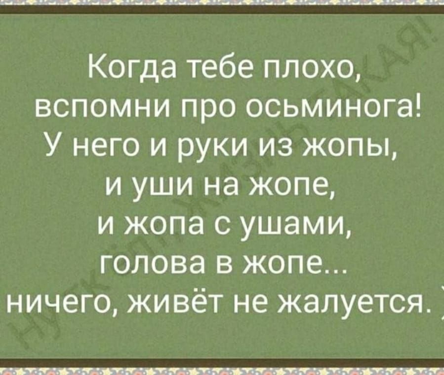 Когда тебе плохо вспомни про осьминога У него и руки из жопы и уши на жопе и жопа с ушами голова в жопе ничего живёт не жалуется