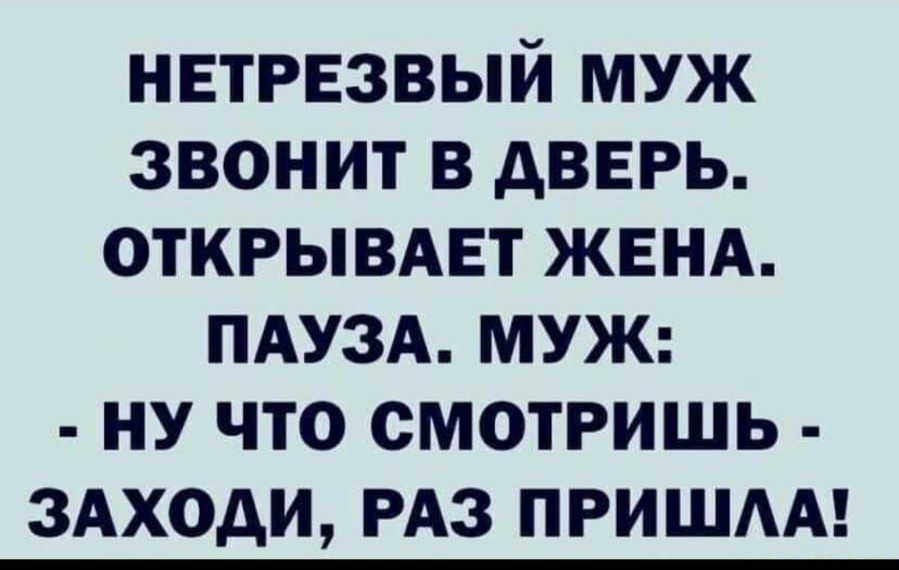 нетрезвый муж звонит в дверь открывдвт ЖЕНА ПАУЗА МУЖ ну что смотришь 3Аходи РАЗ пришм