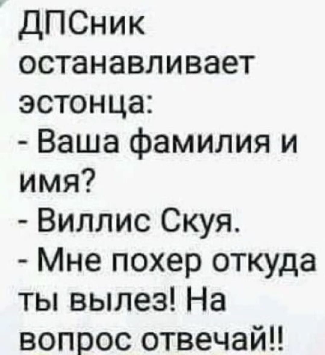 дПСник останавливает эстонца Ваша фамилия и имя Виллис Скуя Мне похер откуда ты вылез На вопрос отвечай