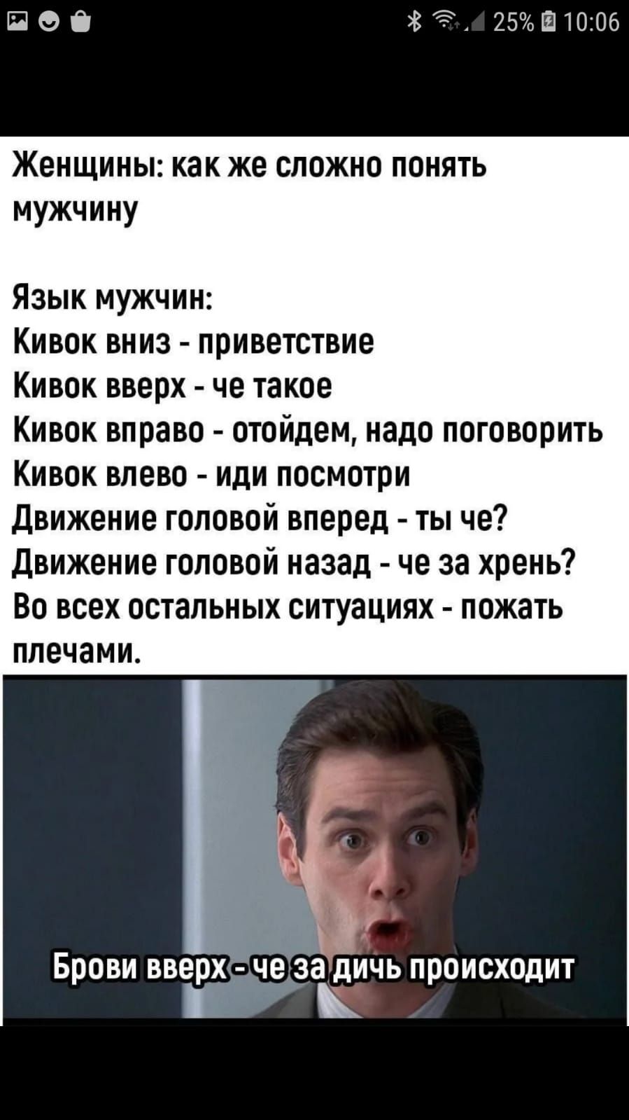 89 25ШЮП6 Женщин как же сложно понять мужчину Язык мужчин Кивок вниз приветствие Кивок вверх че такое Кивок вправо отойдем надо поговорить Кивок влево иди посмотри движение головой вперед ты че движение головой назад че за хрень Во ВСЕХ ОСТВПЬНЫХ СИТУВЦИЯХ ПОЖЭТЬ плечами че за дИчь происходит