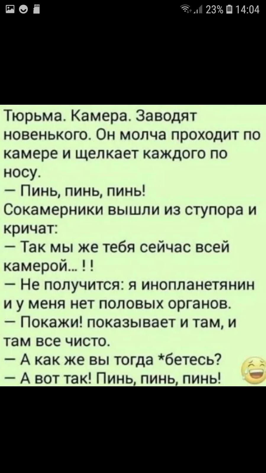 Т 23ЬП1404 Тюрьма Камера Заводят новенького Он мопча проходит по камере и щелкает каждого по носу Пинь пинь пинь Сокамерники вышли из ступора и кричат Так мы же тебя сейчас всей камерой Не получится я инопланетянин и у меня нет половых органов Покажи показывает и там и там все чисто А как же вы тогда бетесь А вот так Пинь пинь пинь