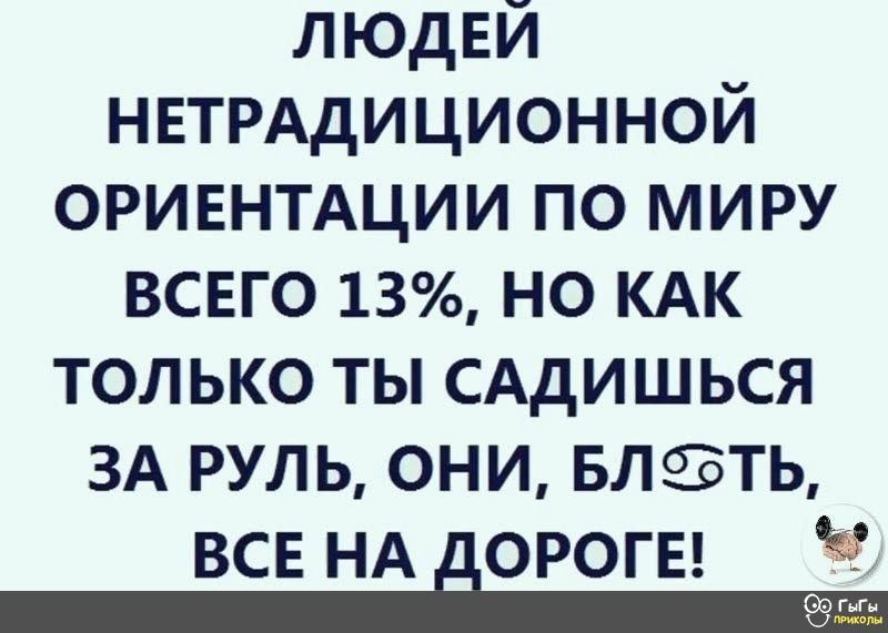 ЛЮДЕЙ НЕТРАДИЦИОННОЙ оривнтдции по миру всвго 13 но КАК только ты сддишься ЗА руль они влать все НА _орогы р