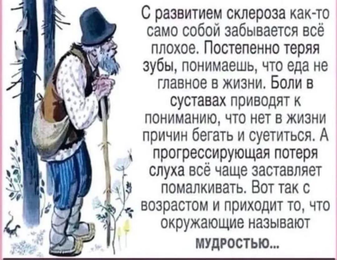 С развитием склероза как-то само собой забывается всё плохое. Постепенно теряя зубы, понимаешь, что еда не главное в жизни. Боли в суставах приводят к пониманию, что нет в жизни причин бегать и суетиться. А прогрессирующая потеря слуха всё чаще заставляет помалчивать. Вот так с возрастом и приходит то, что окружающие называют мудростью...