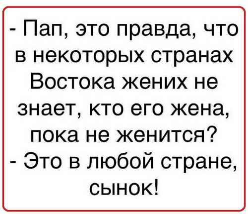 Пап это правда что в некоторых странах Востока жених не знает кто его жена пока не женится Это в любой стране сынок