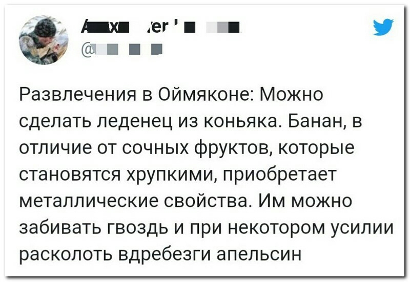 Шыег у Развлечения в Оймяконе Можно сделать леденец из коньяка Банан в отличие от сочных фруктов которые становятся хрупкими приобретает металлические свойства Им можно забивать гвоздь и при некотором усилии расколоть вдребезги апельсин