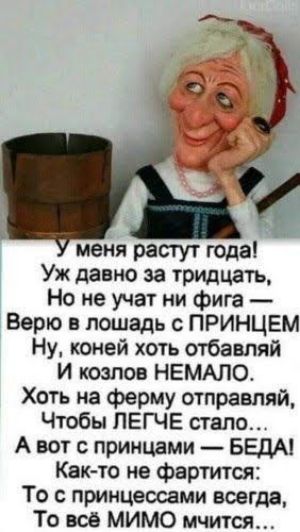 меня растут года Уж давно за УридЦаТЬ Но не учат ни фига Берю лошадь с ПРИНЦЕМ Ну коней хоть отбавляй и козлов НЕМАЛО Хоть на ферму отправляй Чтобы ПЕГЧЕ стало А вот принцами БЕДА Как то не фартится То принцессами всегда То всё мимо мчится