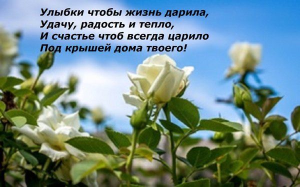 Улыбки чтобы жизнь дарила Удачу радость и тепло И счастье чтоб всегда царило п крышей дома твоего
