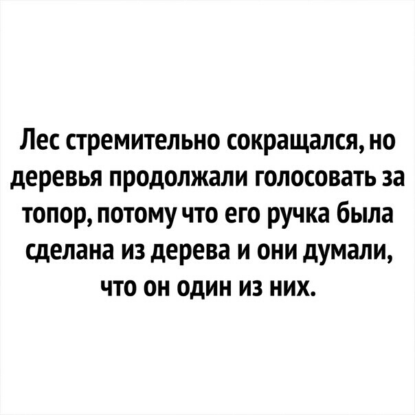 Лес стремительно сокращался но деревья продолжали голосовать за топор потому что его ручка была сделана из дерева и они думали что он один из них