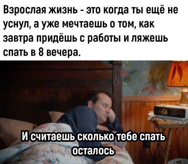 Взрослая жизнь это когда ты ещё не уснул а уже мечтаешь том как завтра придёшь с работы и ляжешь спать в 8 вечера _ В И считаешь СКОЛЬКО тебе спать осталось