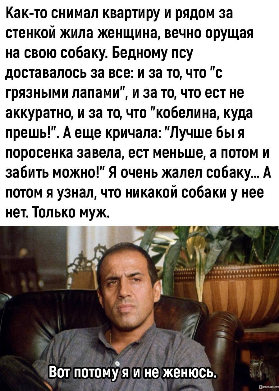 Както снимал квартиру и рядом за стенкой жила женщина вечно орущая на свою собаку Бедному псу доставалось за все и за то что с грязными лапами и за то что ест не аккуратно и за то что кобепина куда прешь А еще кричала Лучше бы я поросенка завела ест меньше а потом и забить можно Я очень жалел собаку А потом я узнал что никакой собаки у нее нет Только муж ВОТ ПОТОМУ Я И НЕ женюсь