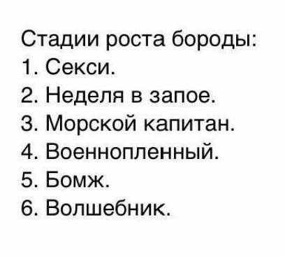 Стадии роста бороды 1 Секси 2 Неделя в запое 3 Морской капитан 4 Военноппенный 5 Бомж 6 Волшебник