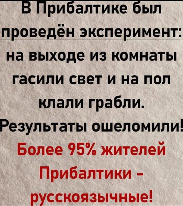 проведён эксгЁрмуецт на выходе из комнаты гасили свет и на пол клали грабли Результаты ошеломили Более 95 жителей Прибалтики русскоязычные