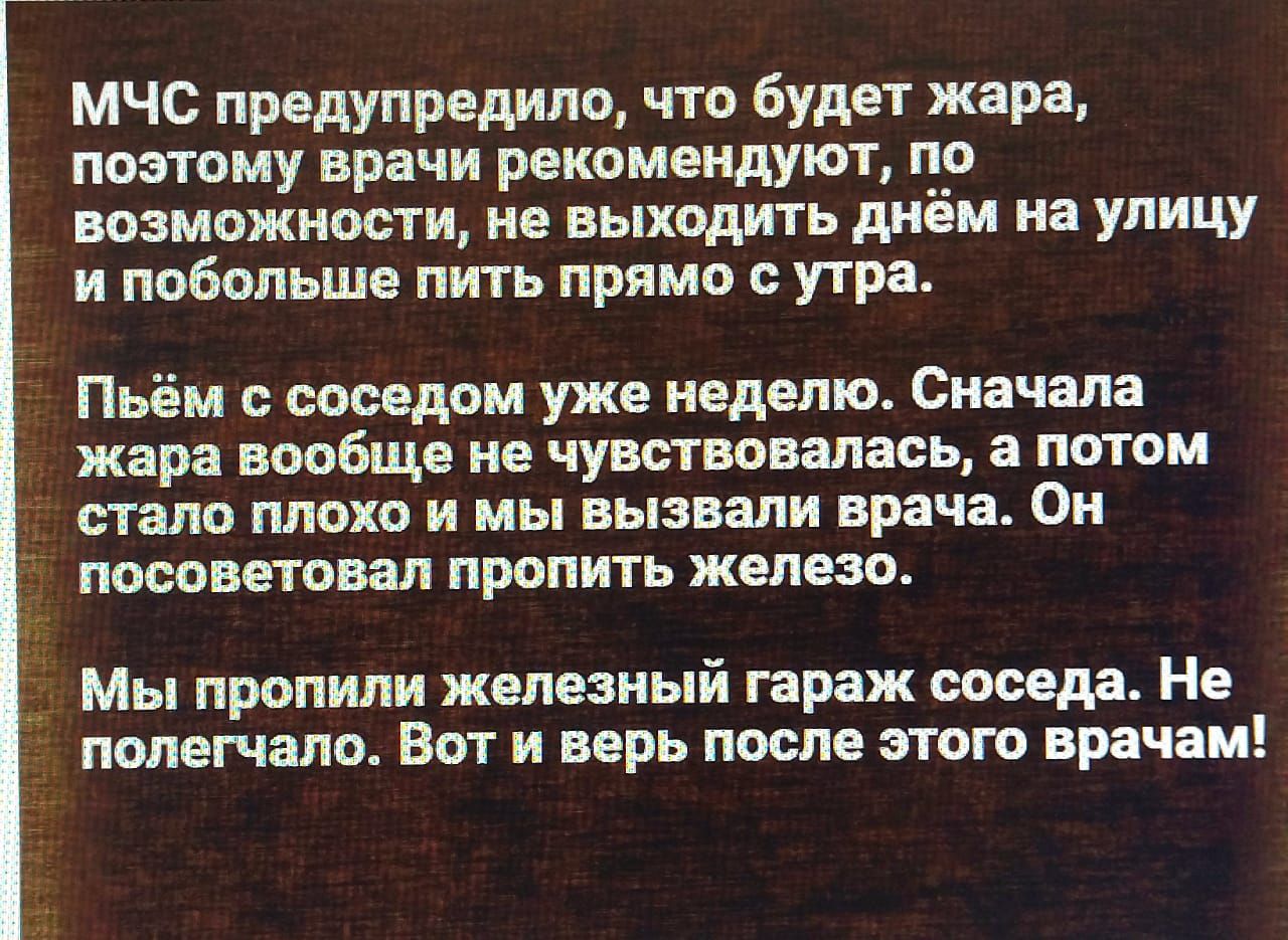 МЧС предупредило что будег жара поэтому врачи рекомендуют по возможности не выходить днём на улицу и побольше пигь прямо с утра Пьём соседом уже неделю Сначала жара вообще не чувствовалась лотом стало плохо и мы вызвали врача Ол посоветовал пропить железо Мы пропили железный гараж соседа Не полегчало Вот и верь после этого врачам