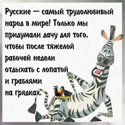 Русские самый трудолюбивый пород в мире Только мы придумали мчу мя тош чтовы после тяжелой ривочей недели отлыхдть с лопатой и граблями ГЗ