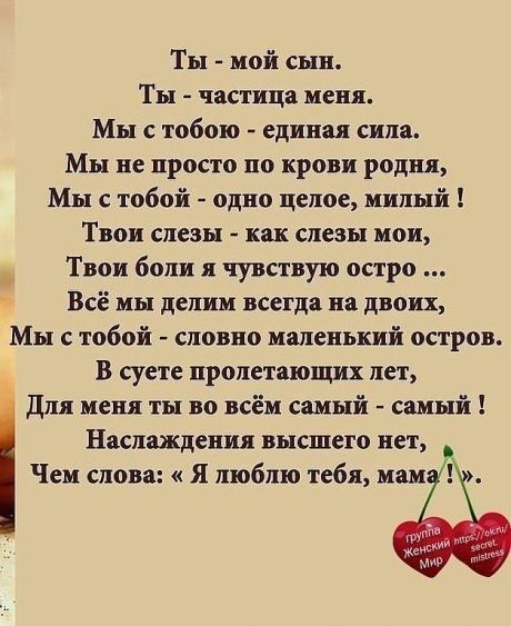 Ты мой сын Ты частица меня Мы с тобою единая сила Мы не просто по крови родня Мы с тобой одно целое милый Твои слезы как слезы мои _ Твои боли я чувствую остро Всё мы делим всегда на двоих Мы с тобой словно маленький остров В суете пролетающих лет Для меня ты во всём самый самый Наслаждения высшего нет _ Чем слова Я люблю тебя мам