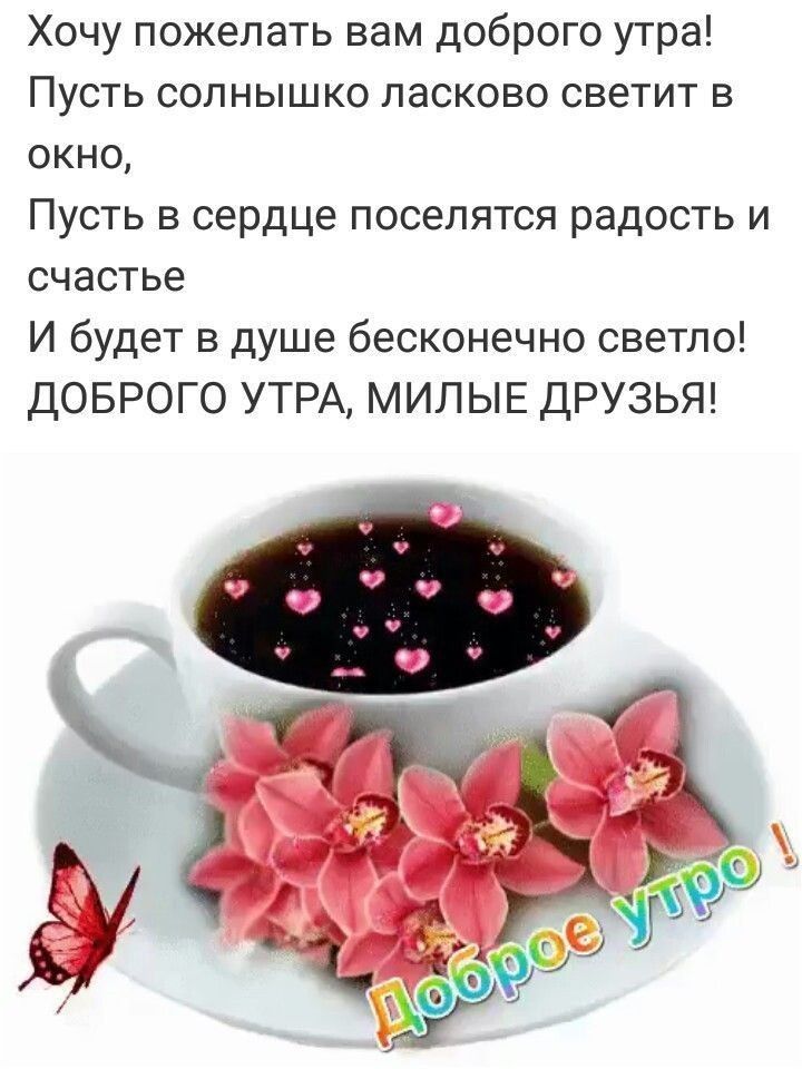 Хочу пожелать вам доброго утра Пусть солнышко ласково светит в окно Пусть в сердце поселятся радость и счастье И будет в душе бесконечно светло ДОБРОГО УТРА МИЛЫЕ ДРУЗЬЯ
