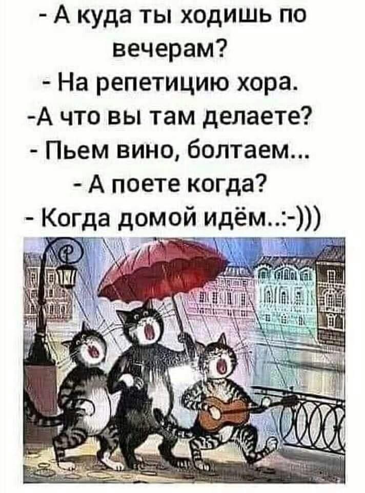 А куда ты ходишь по вечерам На репетицию хора А что вы там делаете Пьем вино болтаем А поете когда