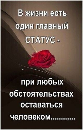 В жизни есть один главный СТАТУС при любых обстоятельствах ОСТаВЗТЬСЯ ЧВЛОВБКОМ