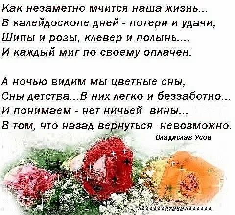 Как незаметно мчится наша жизнь В калейдоскопе дней потери и удачи Шипы и розы клевер и полынь И каждый миг по своему оплачен А ночью видим мы цветные сны Сны детстваВ них легко и беззаботно И понимаем нет ничьей вины В ТОМ ЧТО назад ВЕРНУТЬСЯ НЕВОЗМОЖНО Владислав Усов