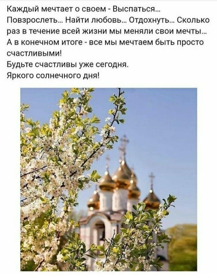 Каждый мечтает о своем Выспаться Повзрослеть Найти любовь Отдохнуть Сколько раз в течение всей жизни мы меняли свои мечты А в конечном итоге все мы мечтаем быть просто счастливыми Будьте счастливы уже сегодня Яркого солнечного дня