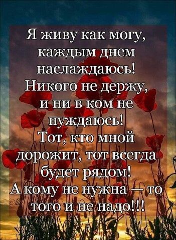 Я живу как могу каждым днем наслаждаюсь Никого не держу И НИ В ком не нуждаюсъ Тот мной дорожит тотвсегда _ _ будет РЯДОМЬ