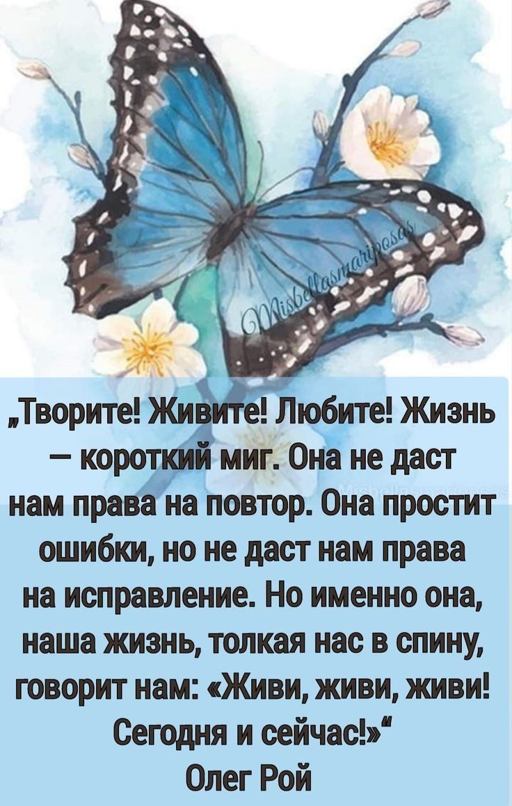 Творите ЖиёитеТ Любите Жизнь короткий миг Она не даст нам права на повтор Она простит ошибки но не даст нам права на исправление Но именно она наша жизнь толкая нас в спину говорит нам Живи живи живи Сегодня и сейчас Олег Рой